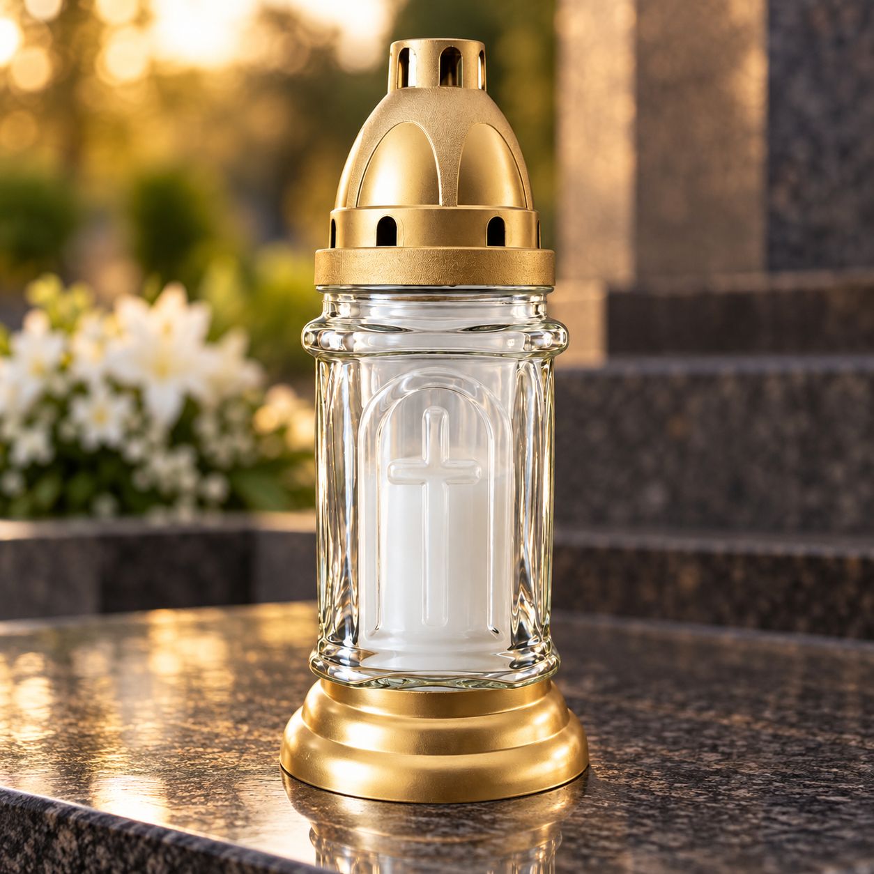 Candelă din sticlă cu capac și bază aurii, pe granit închis, în lumină caldă de seară, cu flori albe în fundal.