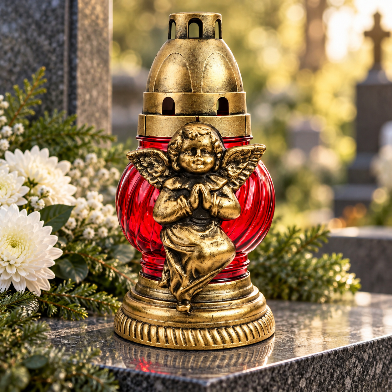 Candelă funerară din sticlă roșie cu îngeraș auriu – 15 ore - imagine 2