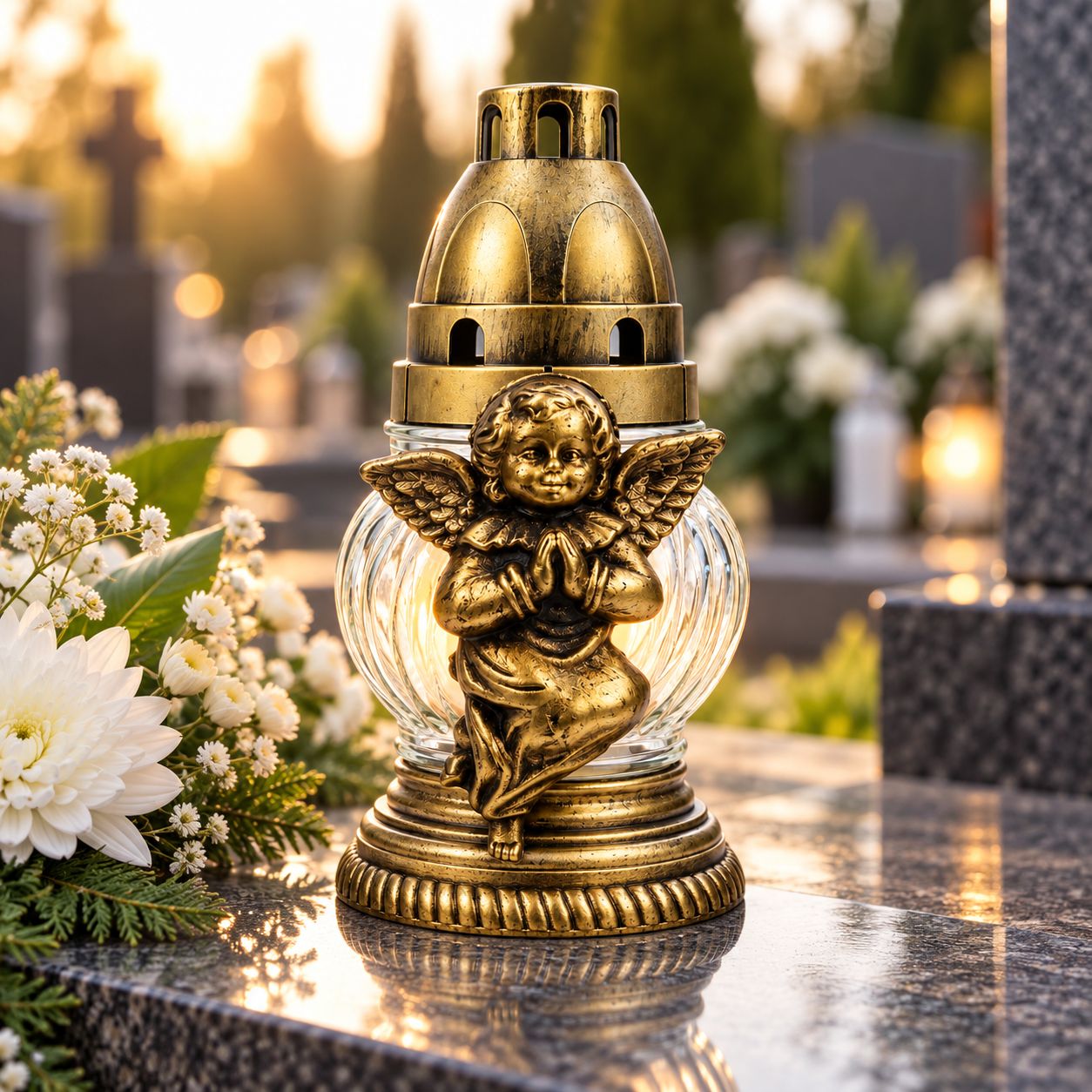 Candelă funerară din sticlă albă cu îngeraș auriu, așezată pe un monument funerar din granit, alături de flori albe, într-un cadru de comemorare – Lemeta.