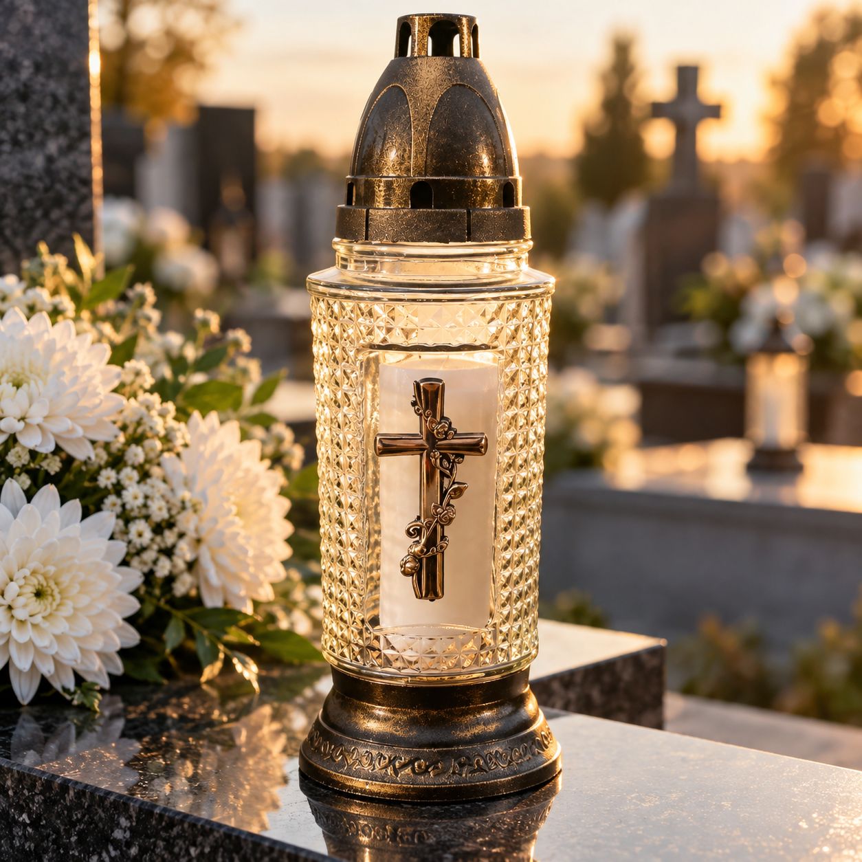 Candelă funerară din sticlă cu cruce aurie, așezată pe un monument funerar din granit negru, lângă crizanteme albe, într-un cadru de comemorare – Lemeta.