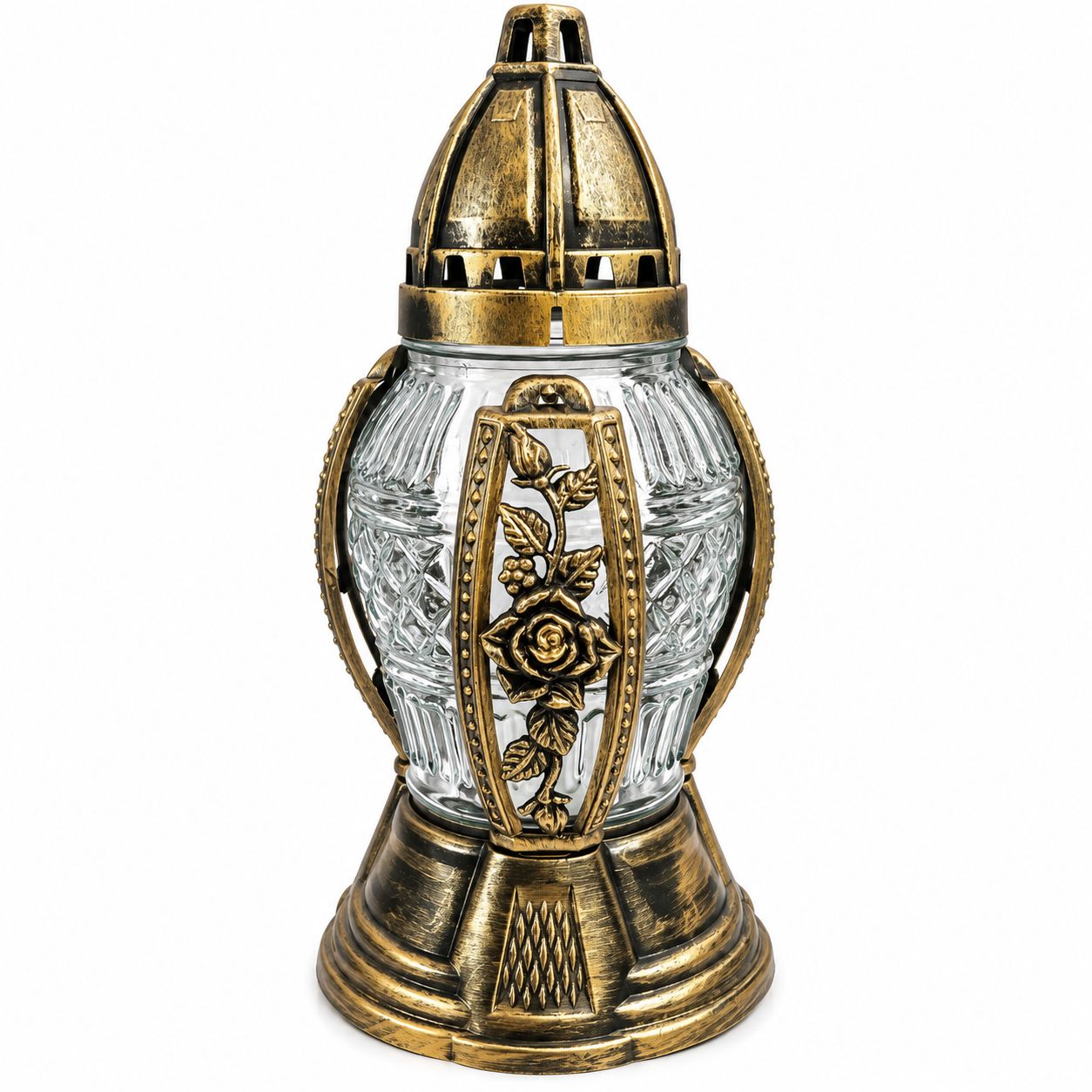 Candelă funerară din sticlă transparentă LCA 540D, cu ornament floral și trandafir în relief, finisaj auriu, pentru cimitir