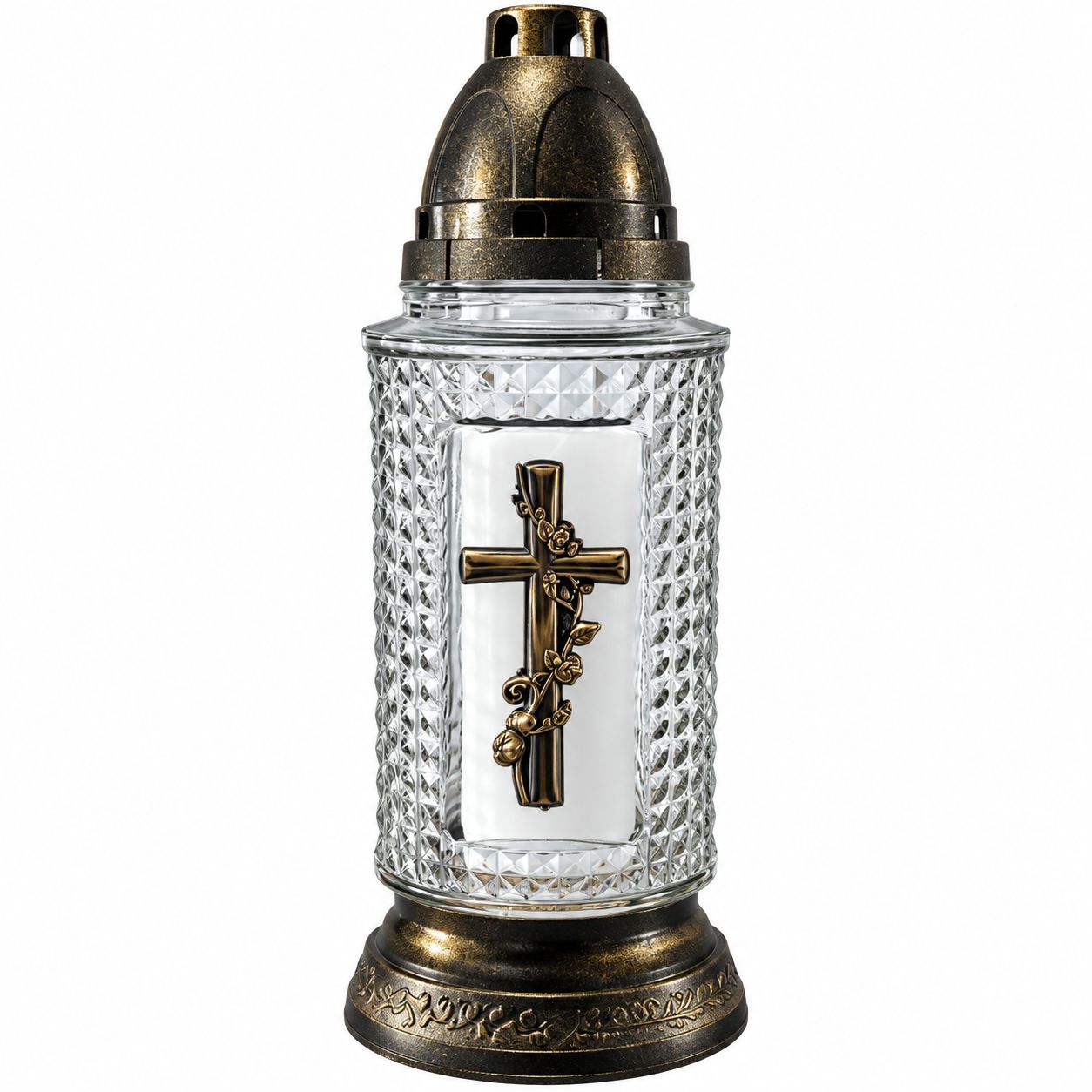 Candelă funerară din sticlă transparentă cu model reliefat și cruce aurie decorativă, capac și bază bronz antichizat, model 956 G, ardere 41 ore – Lemeta.